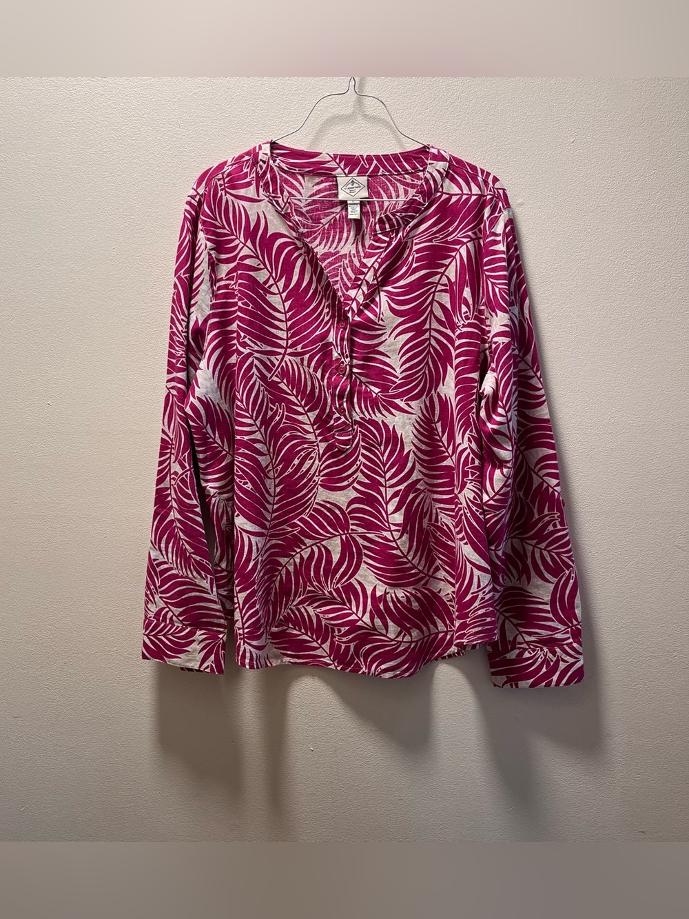 St. John’s Bay Vibrant Beachy Coastal Grandma Pullover Tunic, Sz L, Fuscia/White